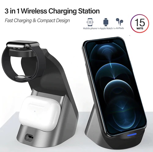 15W Multifunctional 3 in 1 Dual Coil Wireless Fast Charging Station - AB-SJ08 - Image 2
