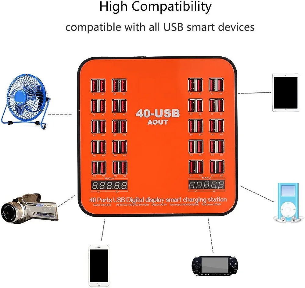 200W 40-Port USB Wall Charger Dual Digital Display Smart Charging Station - JG655 - Image 3