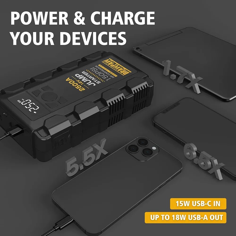 Jump Starter with Air Compressor - 2500A Car Battery Booster Pack - 150PSI Digital Tire Inflator, 12V Auto Jumper Cables - Image 6