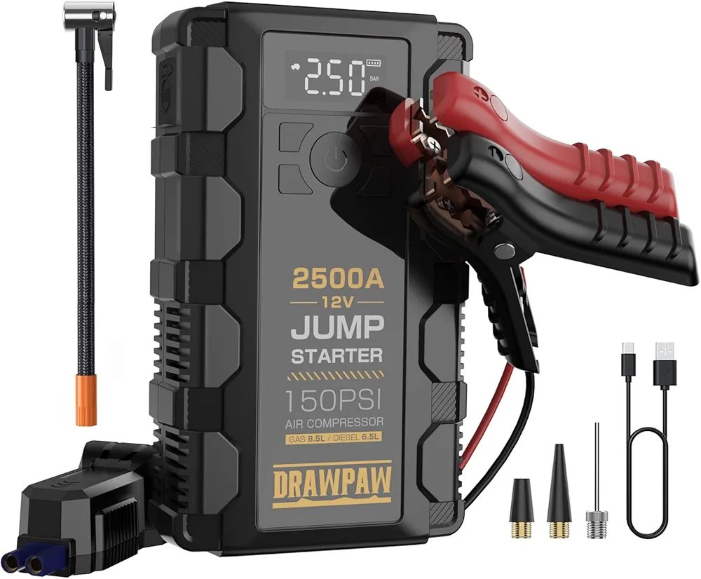 Jump Starter with Air Compressor - 2500A Car Battery Booster Pack - 150PSI Digital Tire Inflator, 12V Auto Jumper Cables