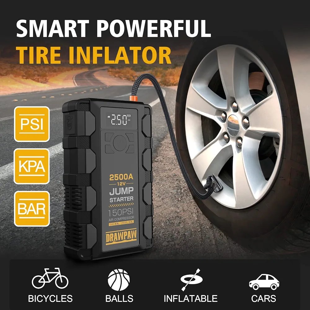 Jump Starter with Air Compressor - 2500A Car Battery Booster Pack - 150PSI Digital Tire Inflator, 12V Auto Jumper Cables - Image 5