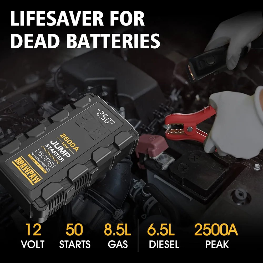 Jump Starter with Air Compressor - 2500A Car Battery Booster Pack - 150PSI Digital Tire Inflator, 12V Auto Jumper Cables - Image 4